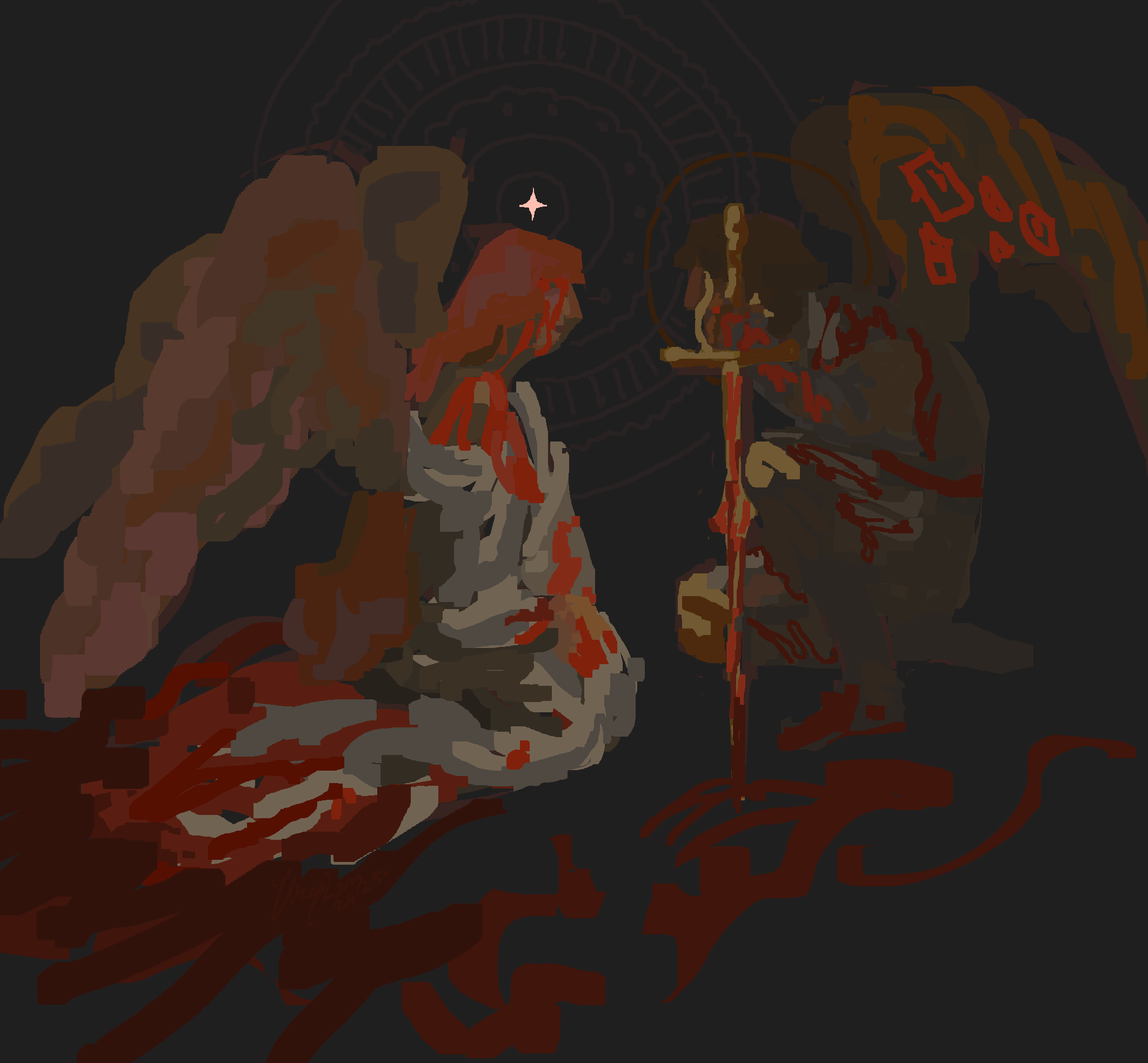 Two blood-drenched angels meet in a dark void; one crouches gently before the other who is resting his weight on his soiled sword.
