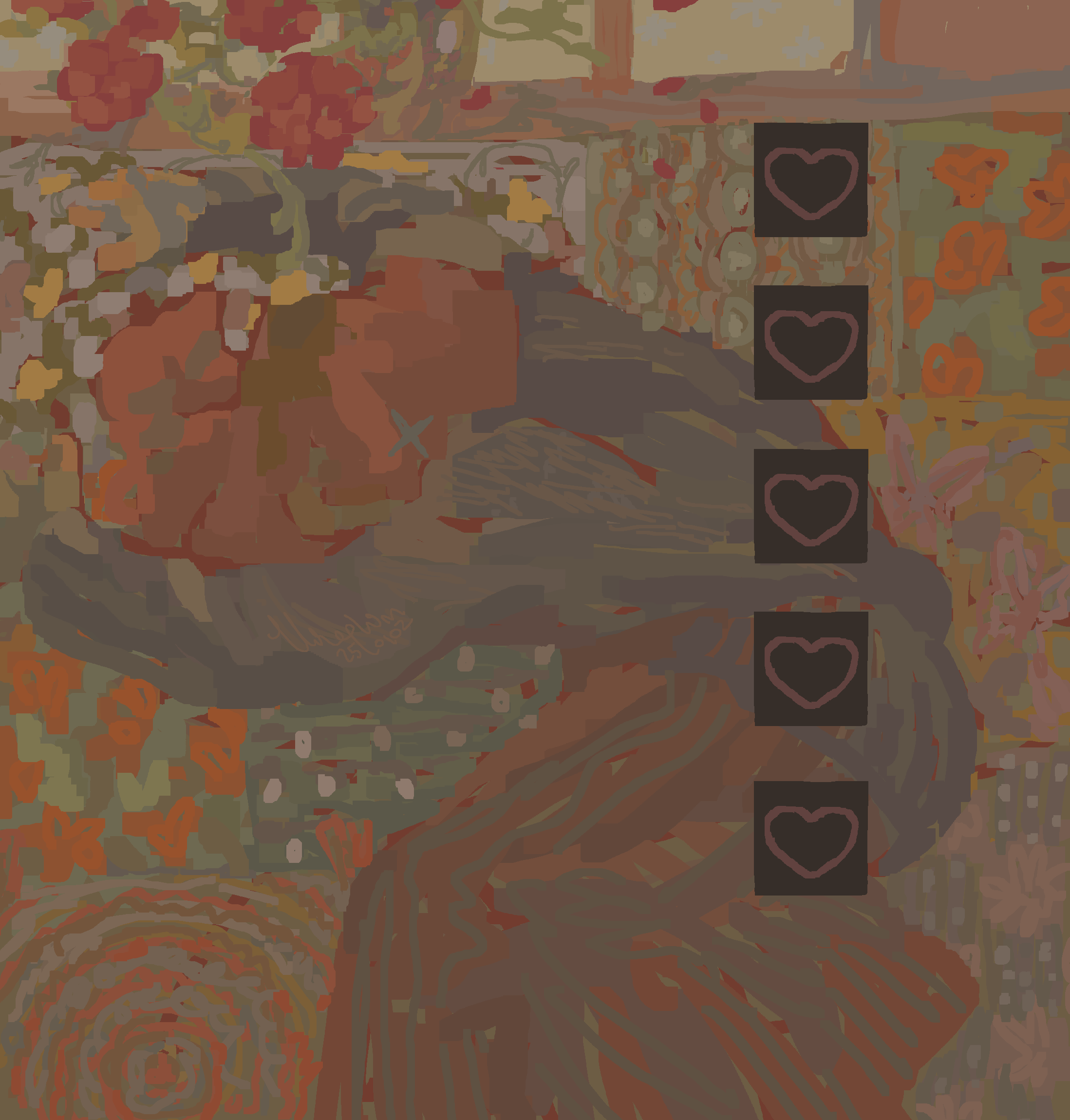 A comfortably dressed man collapsed languidly on a tapesseire of swirling patterns. On the right is a vertical sequence of black squars containing a heart each.