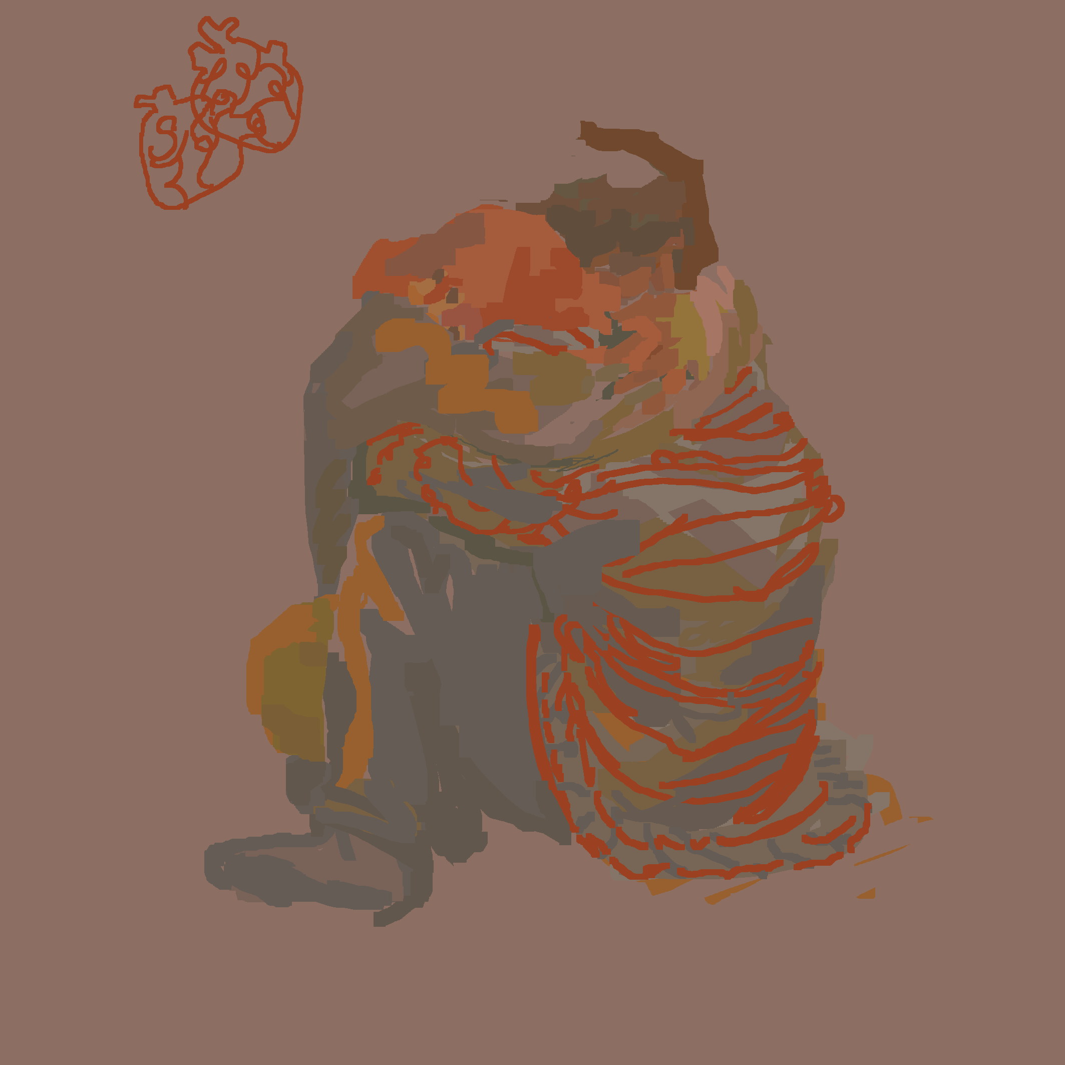 Two men embrace crumpled against a pale background. Confined to the top left corner, two lined hearts intersect.