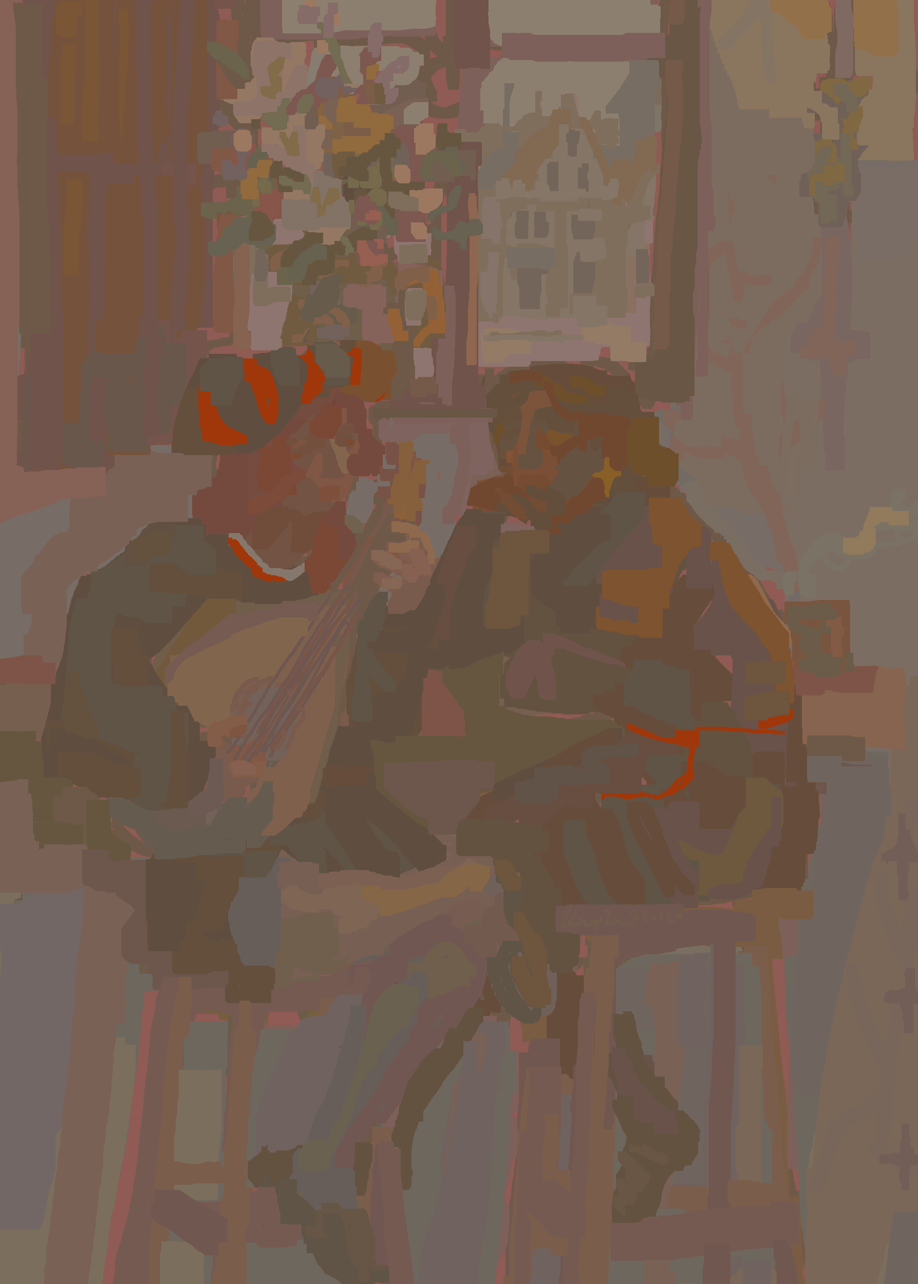 Michael, head resting on his hand, gazes at Kokabiel playing a lute. A window with a vase of bouquet looms above them, displaying an average townscape.
