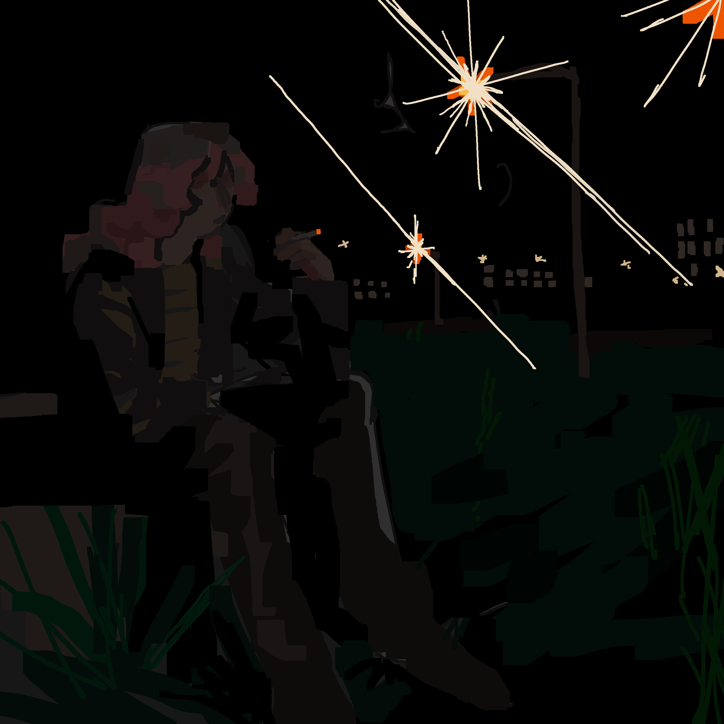 Glaring street lights recede into the void of night. Kokabiel smokes a cigarette surrounded by an endless field of grass. Building windows can faintly be recognized behind this all.