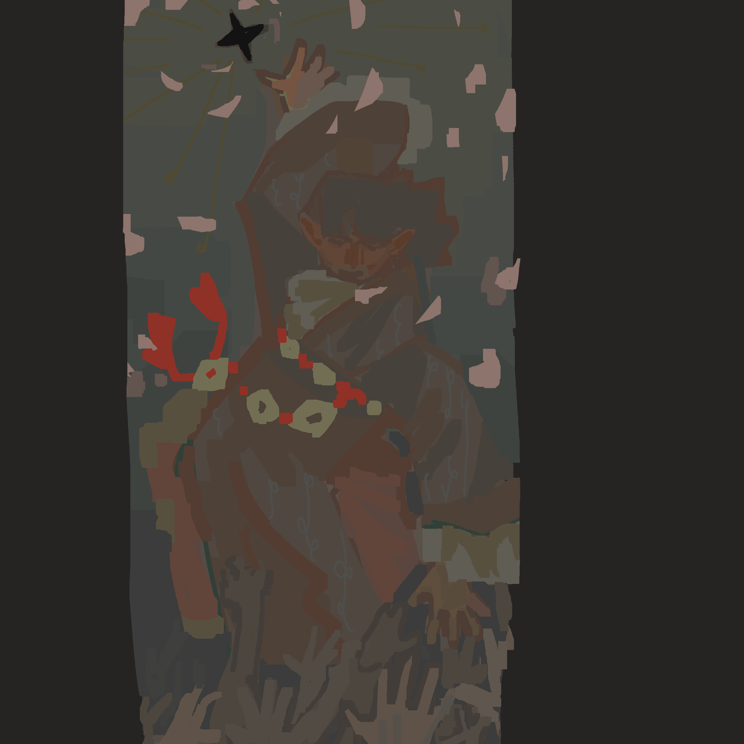 A man in bellowing robes, one hand stretched above his head toward a black four-pointed star, the other toward a mass of hands clawing beneath.